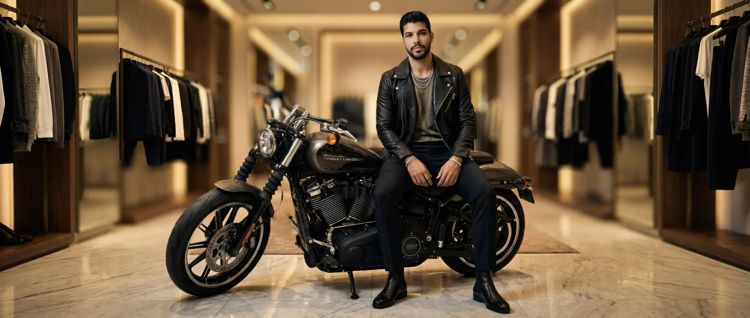 JoeRay editorial fashion model wearing luxury casual menswear, seated on a Harley-Davidson motorcycle inside a high-end fashion boutique, expressing masculine elegance and modern lifestyle